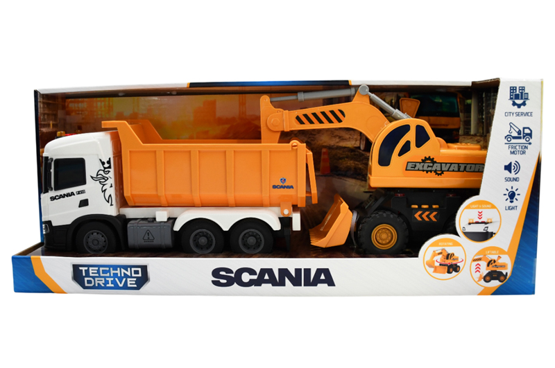 Ігровий набір серії 8001KS "2 in 1 Truck" – САМОСКИД SCANIA І ЕКСКАВАТОР (світло, звук)