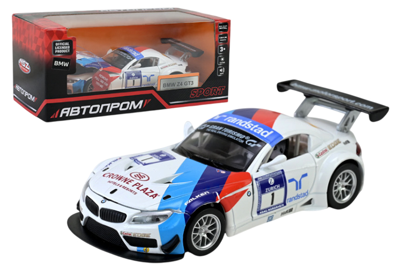 Машина АВТОПРОМ 68349C "BMW Z4 GT3" 1:32, металева, на батарейках, світло, звук, відкриваються двері, коробка 18x9x8см
