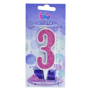 Свічка Balun 03712 цифра '3' біла рожевий блиск (9 см)