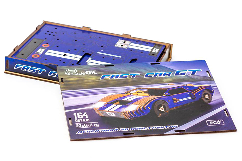 Конструктор Puz-26915"Fast Car GT" дерев'яний, 164 дет., синій, розмір моделі 23х6х11 см PuzzleOk - Зображення 4