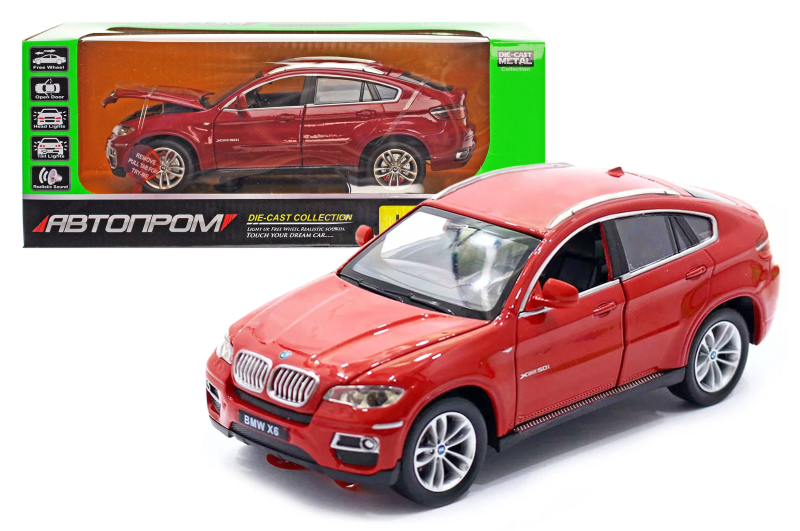 Машина металева 68250A 1:24 BMW X6 2 кольори, на батарейки, світло, звук, відкриваються двері, капот, багажник, в коробці 24,5x12x10 см АВТОПРОМ